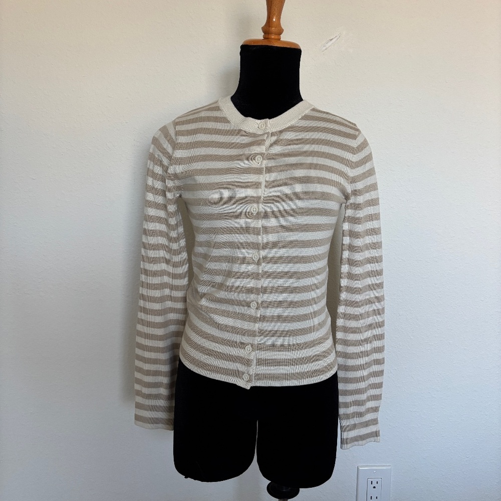 H&M Beige and Cream Stripe Knit Button Cardigan